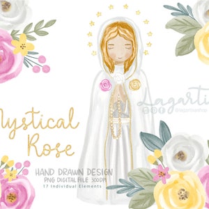Mystical Rose Mother of the Church Praying Floral hand painted Watercolor png clipart Baptism First Communion Religious Decoration Lagartixa
