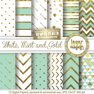 Carta digitale oro menta, bianco, pallido, turchese pallido, Chevron, oro, oro, frecce, coriandoli, triangoli, etichette di invito al blog