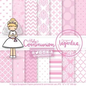 Papel Digital y Clip art Primera Comunion Rubia, Confirmación, niña rezando, en oración, Cruces Espiritu Santo Rosa  Invitaciones Lagartixa