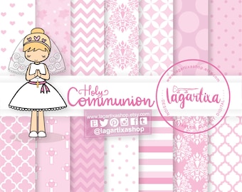 May include: A set of 14 digital scrapbook papers featuring pink and white patterns, including hearts, stars, polka dots, stripes, and geometric designs. The papers are 12 inches by 12 inches and 300 dpi. The text "Holy Communion" is included in the image.