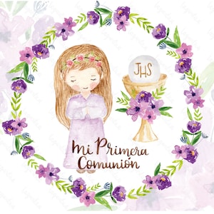 Primera Comunión Niña Flores Copa Oro Hostia Malva Moradas lavanda Lilas en Acuarela, Bouquet Clipart PNG, pintadas a mano, tarjetas, blog