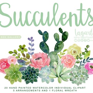 May include: Watercolor clipart set featuring 20 hand-painted succulents, 5 arrangements, and 1 floral wreath. The set includes a variety of succulents, including cactus, echeveria, and sedum, as well as pink and yellow flowers.