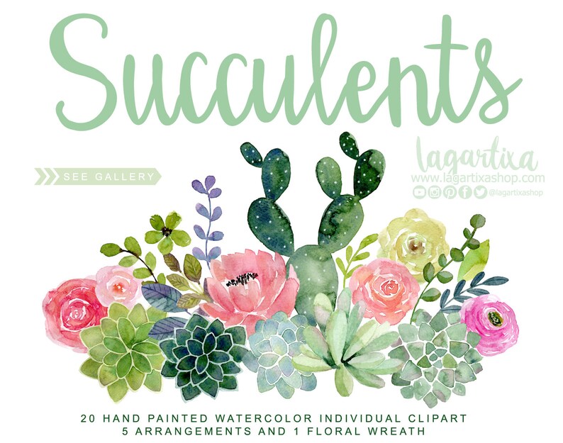 May include: Watercolor clipart set featuring 20 hand-painted succulents, 5 arrangements, and 1 floral wreath. The set includes a variety of succulents, including cactus, echeveria, and sedum, as well as pink and yellow flowers.