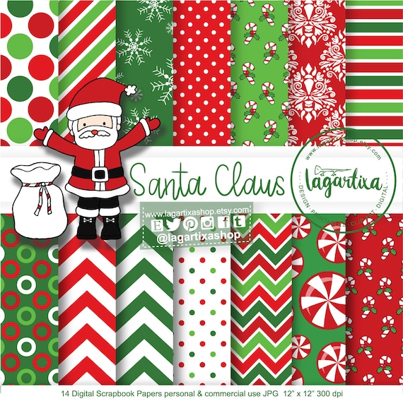 Navidad Santa Claus Costal Clipart Fondos Digitales papel Digital Rojo Verde Caramelos Dulces Damas Copos nieve imprimibles invitaciones