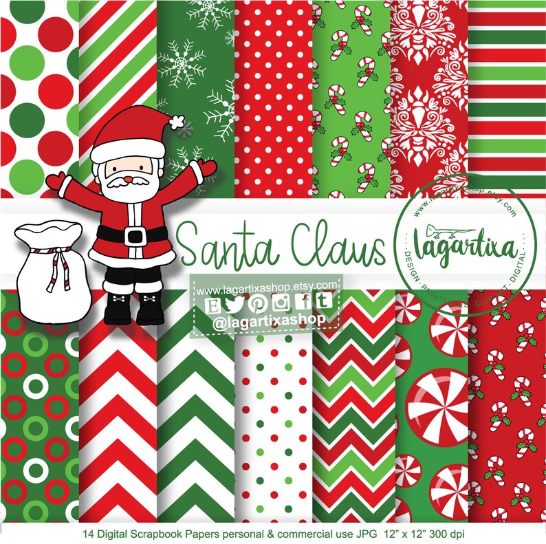 May include: A set of 14 digital scrapbook papers featuring a variety of Christmas patterns in red, green, and white. The patterns include polka dots, stripes, candy canes, snowflakes, and chevron designs. The papers are 30.5 cm by 30.5 cm and 300 dpi.