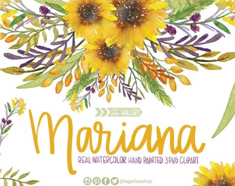 Watercolor Sunflower clipart,  Floral Frame PNG, wedding bouquet, arrangement, digital paper, blue flowers, bridal shower, for blog banner