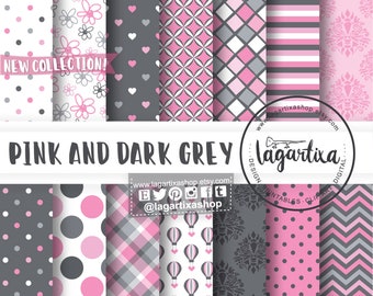 Pink Gray Grey Digital Paper Polka Dots Chevron Argyle Damask Tartan Hot air balloon for baby shower scrapbooking