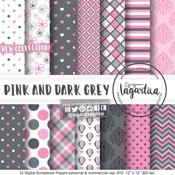 Pink Gray Grey Digital Paper Polka Dots Chevron Argyle Damask Tartan Hot air balloon for baby shower scrapbooking