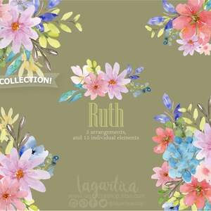 Puede incluir: Ilustraciones florales de acuarela en tonos rosas, azules y amarillos. La colecci&oacute;n se llama "Ruth" e incluye 5 arreglos y 15 elementos individuales. El nombre del artista es "lagartixa" y su sitio web es www.lagartixashop.etsy.com.