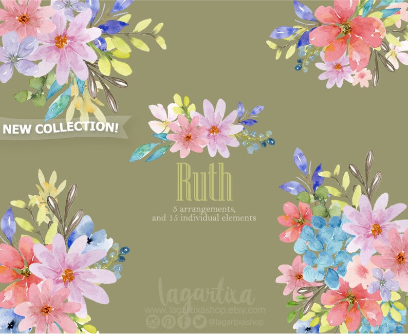 Puede incluir: Ilustraciones florales de acuarela en tonos rosas, azules y amarillos. La colecci&oacute;n se llama "Ruth" e incluye 5 arreglos y 15 elementos individuales. El nombre del artista es "lagartixa" y su sitio web es www.lagartixashop.etsy.com.