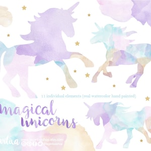 Pastel Watercolor Unicorn Clip art, silhouette, runing, hand painted, mint, purple, pink, blue