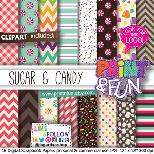 Puede incluir: Un conjunto de 16 papeles digitales para scrapbooking con motivos de dulces y azúcar. Los patrones incluyen bastones de caramelo, chispas, cuadros vichy, rayas y diseños de chevron en rosa, azul, verde, marrón, blanco y naranja. El texto "PRINT & FUN" está en una fuente púrpura brillante. El texto "SUGAR & CANDY" está en una fuente negra. El texto "CLIPART included!" está en una fuente marrón. El texto "LOOK FOR THIS LOGO!" está en una fuente roja. El texto "LIKE & FOLLOW @lagartixashop" está en una fuente negra. El texto "16 Digital Scrapbook Papers personal & commercial use JPG 12" x 12" 300 dpi" está en una fuente negra.