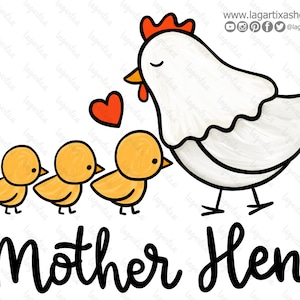 Mother Hen Sublimation Image PNG White Hen Mother of three Farm Hen Baby Chick Animals barnyard  hand drawn doodle design Digital file Art