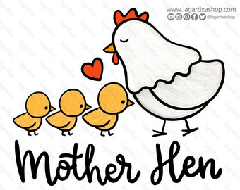 Mutter Henne Sublimation Bild PNG Weiße Henne Mutter von drei Farm Hen Baby Chick Tiere Barnyard handgezeichnetes Doodle Design Digitale Datei Kunst