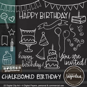 ClipArt-Bilder in Kreide Geburtstagsparty Kuchen Hüte Ballons Luftschlangen Fahnen Cupcakes Kerzen digitales Papier Tafel