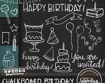 Chalkboard Birthday Party Clip art & Digital Paper Green Black Cake Party Hat Banner Balloons Cupcake Ribbons invitations party printables