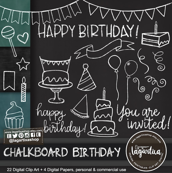 Chalkboard Birthday Party Clip Art & Digital Paper Green Black Etsy