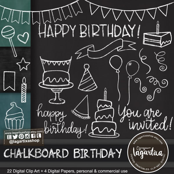 Chalkboard Birthday Party Clip art & Digital Paper Green Black Cake Party Hat Banner Balloons Cupcake Ribbons invitations party printables