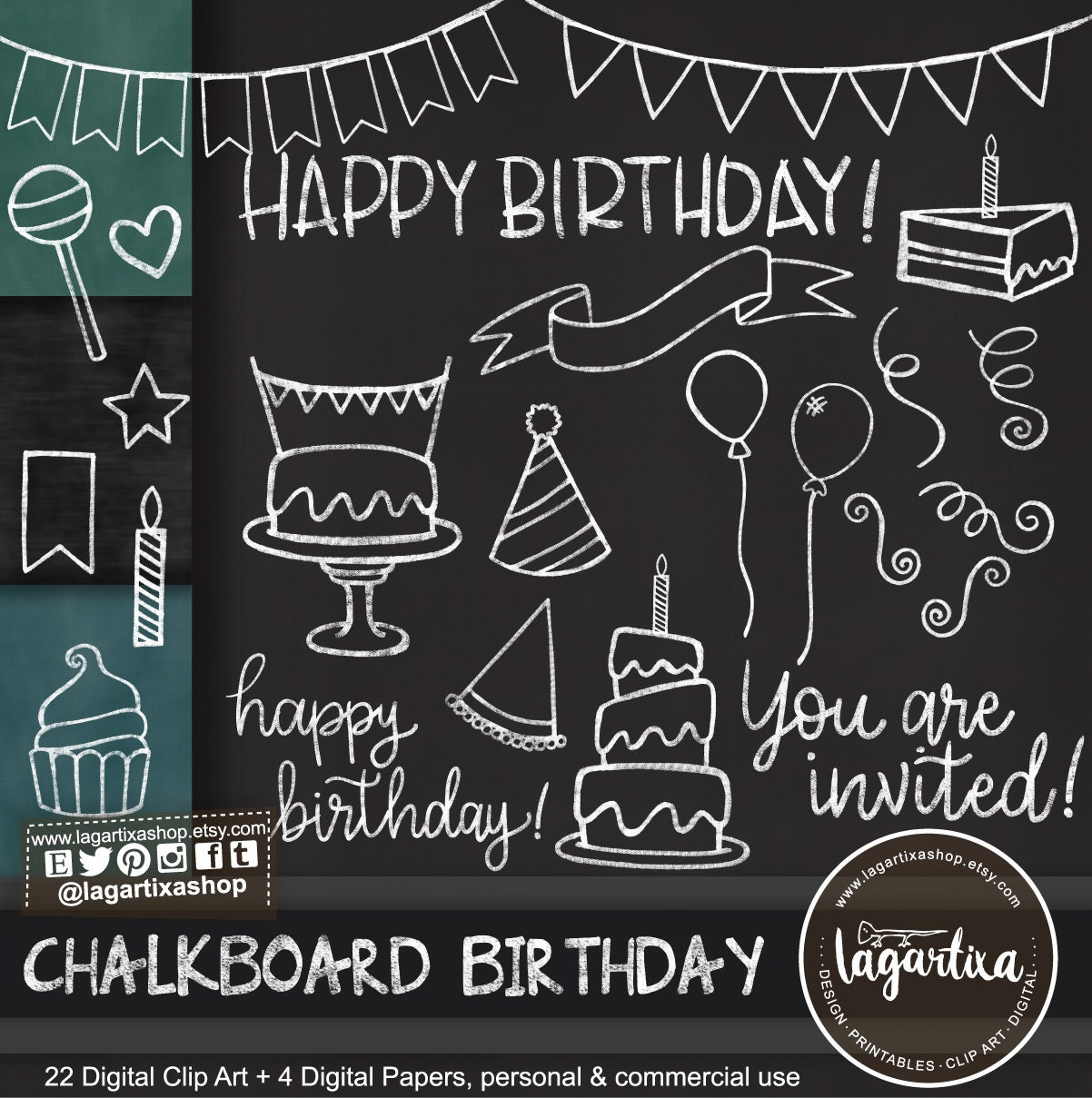 Chalkboard Birthday Party Clip Art \u0026 Digital Paper Green Black Cake Party  Hat Banner Balloons Cupcake Ribbons Invitations Party Printables - Etsy New  Zealand, image size:1202x1209