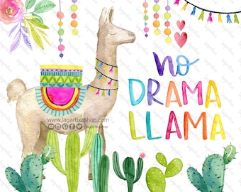 Lamas und Alpakas, Blumen und Kakteen, Party Peru, Anden, Lateinamerika, Farben Elemente PNG Aquarell Clipart für Einladungsdesign