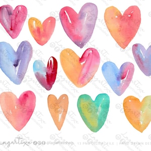 Disegno di cuori ad acquerello dipinto a mano, San Valentino, PNG, download digitale istantaneo, per sublimazione Rosso Rosa Blu Viola Arancione