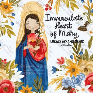 Immaculate Heart of Virgin Mary Watercolor Florals Arrangements Digital Paper Clipart PNG For First Communion Baptism Religious events