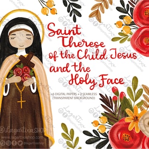 Santa Teresa del Bambino Gesù Maria Vergine Fiori ad acquerello dipinti a mano Carta digitale per inviti Prima Comunione Battesimo Lagartixa