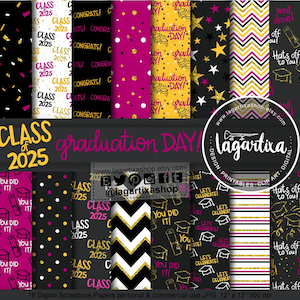 Hintergründe für die Abschlussfeier, Gelb, Rosa, Fuchsia, Schwarz und Goldglitter, Phrasen, Chevron-Abschluss, Sterne, Streifen, Talar und Barett