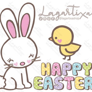 Joyeuses Pâques lapin oeufs soleil tulipes fleurs poussin champignons clipart papier numérique couleurs pastel clip art pour un usage personnel et commercial