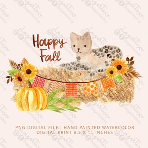 Puede incluir: Una ilustración de acuarela de un gato sentado en una pila de heno con una pancarta que dice "Happy Fall". El gato es gris y blanco con manchas negras. Hay girasoles, calabazas y mazorcas de maíz alrededor del gato.