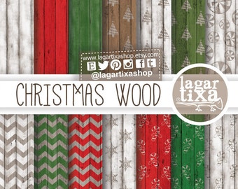 Christmas Digital Paper Christmas Wood Patterns Backgrounds Red Green White Tree Snow Flakes Candy Cane for Blog Invitations Greeting Cards
