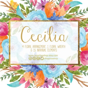 Watercolor clipart Orange Blue Flowers Floral PNG wedding bouquet, arrangement, bouquet, frames, digital paper, blue flowers, bridal shower