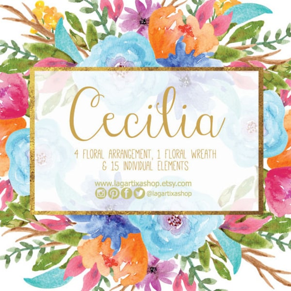 Flores en Acuarela, Clipart PNG, pintadas a mano, arreglo de flores, marcos, para invitaciones, despedida de soltera, tarjetas, blog