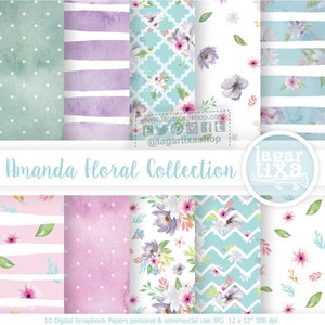 Purple Flowers, Digital papers, patterns pastel Watercolor, bridal shower, for blog, for nursery wall, invitations, quotes, prints