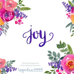 Frühling Sommer Frische Blumen | Fuchsia-orange Rosen mit violetten Blättern | Echtes handgemaltes Aquarell, Blumen Clipart PNG, Digitale Datei