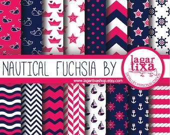 Digital Paper Navy Nautical Fuchsia Marine Girly Background Nautical Blue marine polka chevron stars starfish blog stripes vintage patterns