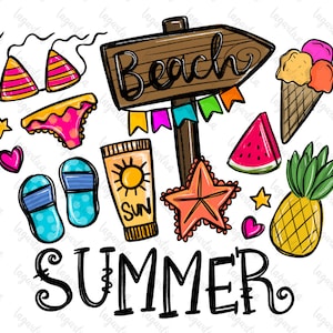 May include: A colourful illustration of summer-themed items, including a beach sign, flip flops, a bikini, a watermelon, a pineapple, a starfish, a tube of sunscreen, and an ice cream cone. The text "Beach" and "Summer" are also included in the illustration.