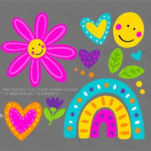 Puede incluir: Un archivo digital con elementos dibujados a mano, incluyendo una gran flor rosa con una cara sonriente, corazones, un arcoíris, hojas y una carita sonriente. El diseño es en colores brillantes.