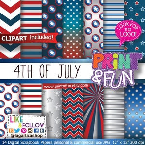 Digital Paper Funds America Independence Day 4 juli Blue Red Flag Glitter Stars Chevron Blog of Uitnodigingen Scrapbooking
