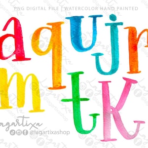 Alfabeto Abecedario acuarela Escrito a mano Minúsculas letras colores arcoiris Clip art PNG archivo digital imagenes | para tarjetas