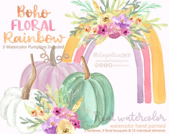 Boho Pumpkins floral Rainbow Watercolor clipart, Image PNG, Flowers, arrangement, bouquet, yellow pink flowers, bridal shower, blog banner