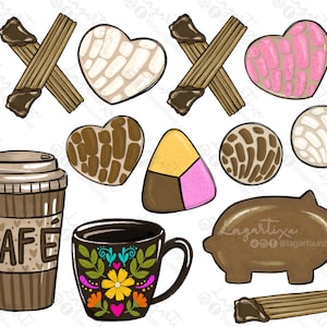 May include: A collection of Mexican pastries, including conchas, pan dulce, churros, and a pig-shaped pastry. There are also two mugs of coffee, one with a traditional Mexican design and the other with the word "Café" on it.