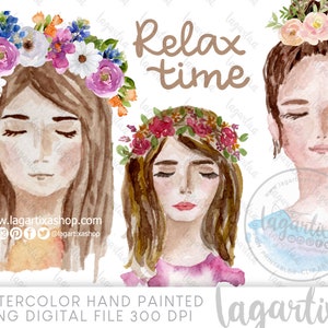 Mujeres Con Diademas de Flores Meditando Relax, Clipart PNG Pintadas a mano en acuarela, Jovenes, para agendas, logotipos, pestañas, ojos