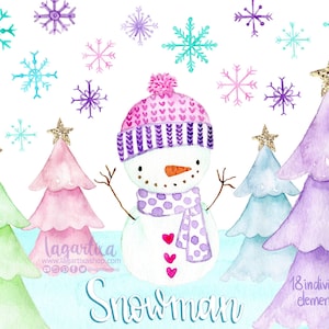 Coquette Snowman Watercolor Christmas Clipart Glitter Star, Christmas Tree Gifts Snow Flakes Merry Christmas PNG gift cards pastel color