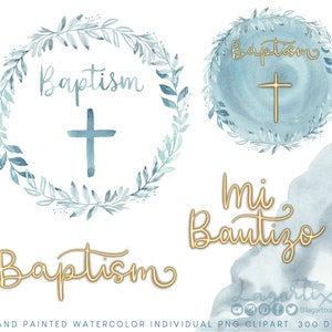 Blue Baptism Leaves Gold Lettering Leaves Wreath watercolor Cross Hand Painted | For Invitations Cardmaking Labels Tags Favors Welcome Sign