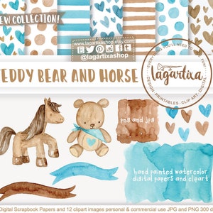 Teddy Bear Horse Watercolor Clip art and Digital Papers, pattern baby blue brown hand painted, patterns, baby shower, polka dots, stripes