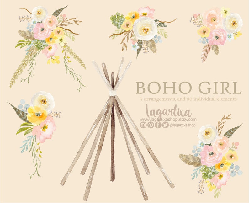 Teepee, Skull Bull Tipi and floral Watercolor Boho clipart, PNG, Let's go Glamping Birthday Party Theme, Sleepover, glam camping for girls image 5