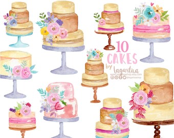 Watercolor Cakes, Florals hand painted  clipart, PNG, fruits, bakery, dessert, for menu design, blog, cards, cakes, strawberry, cherry