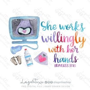 Provérbios 31 13 Técnico de ultrassom Sonografista | Aquarela digital pintada à mão para sublimação | Gel, pegadas de bebê, letras