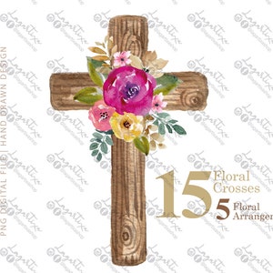 Baptism Floral Crosses Watercolor PNG Wood Cross, Clipart, Hand Painted First Communion, Holy Spirit, Florals Arrangements, For Invitations